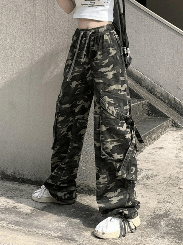 Pantalon décontracté baggy à imprimé camouflage avec poche