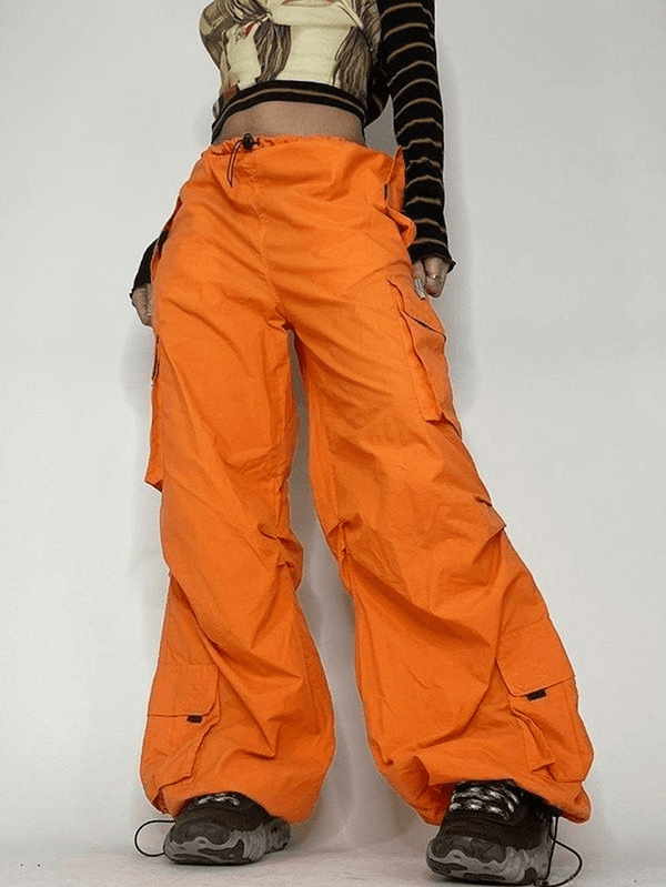 Pocket Drawstring Parachute Cargo Pants - MomyMall Orange / S