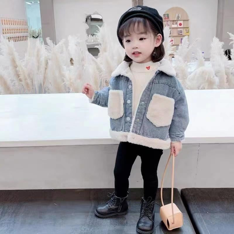 Pocket Patch Plush Denim Winter Coat Jacket - MomyMall