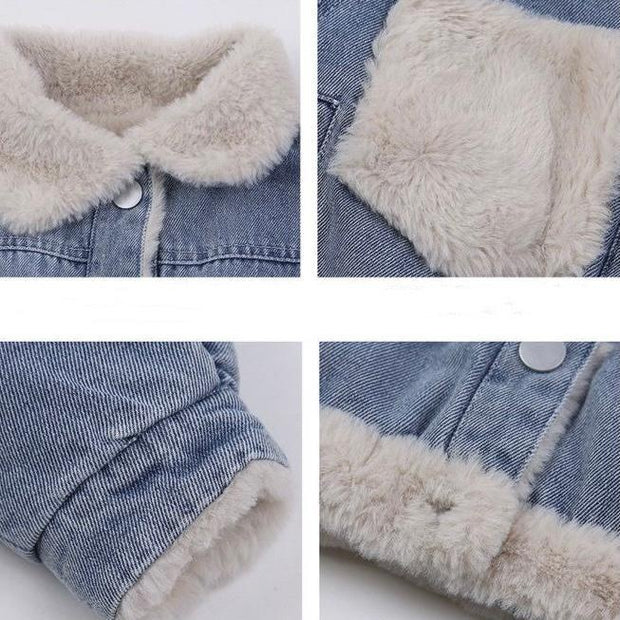 Pocket Patch Plush Denim Winter Coat Jacket - MomyMall