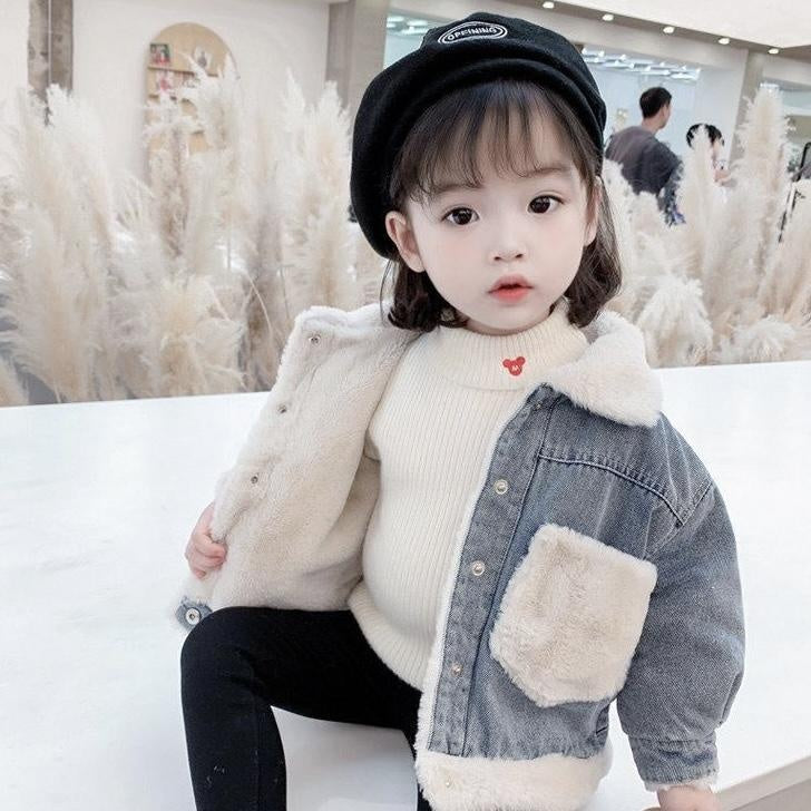 Pocket Patch Plush Denim Winter Coat Jacket - MomyMall