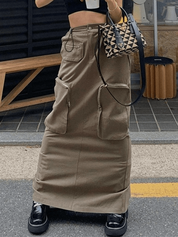 Pocket Split Y2K Long Cargo Skirt - MomyMall Brown / S