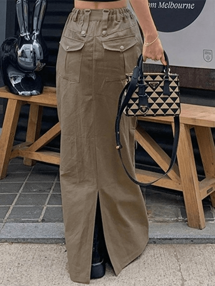 Pocket Split Y2K Long Cargo Skirt - MomyMall