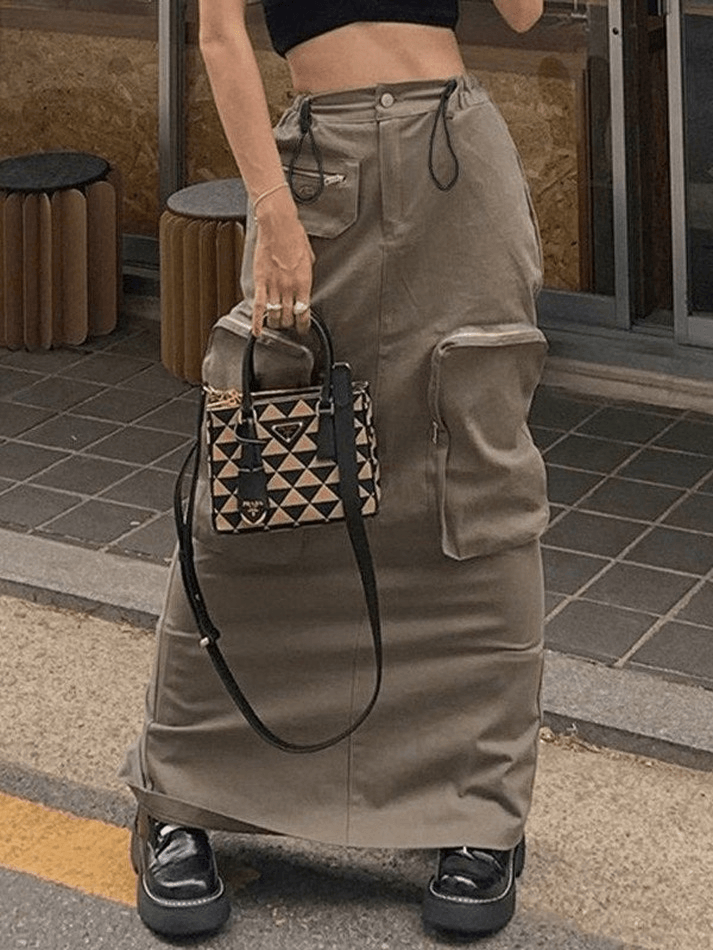 Pocket Split Y2K Long Cargo Skirt - MomyMall