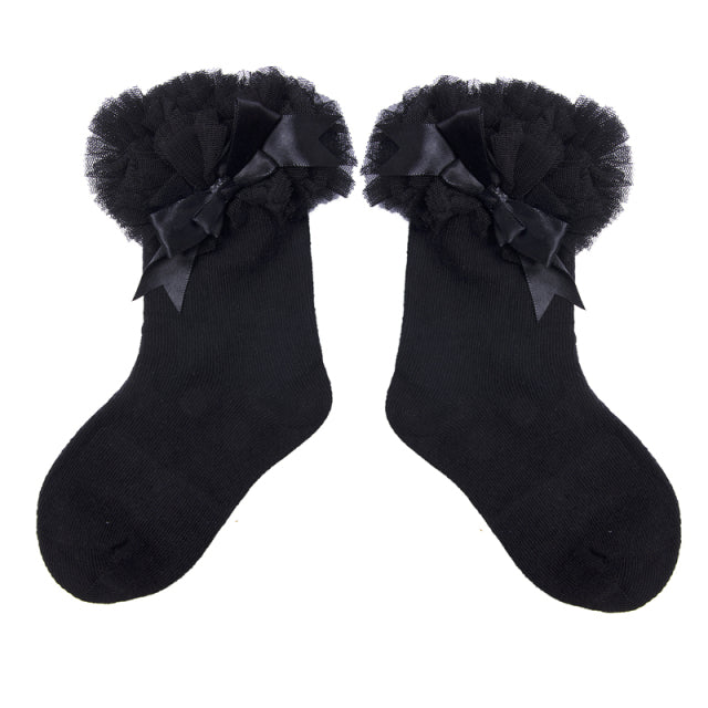 Frilly Bow Ankle Socks (7 Colors) - MomyMall Black / 0-2 Years