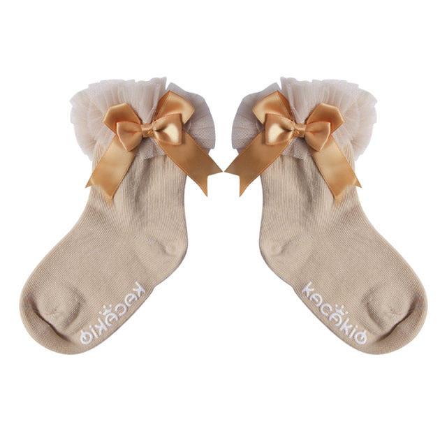 Frilly Bow Ankle Socks (7 Colors) - MomyMall Beige / 0-2 Years