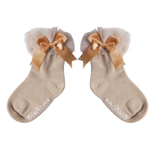 Frilly Bow Ankle Socks (7 Colors) - MomyMall Beige / 0-2 Years