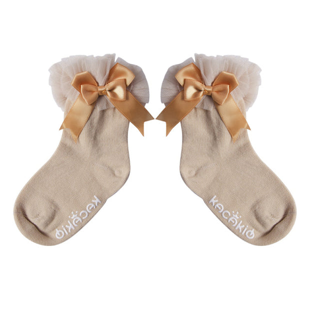 Frilly Bow Ankle Socks (7 Colors) - MomyMall Beige / 0-2 Years