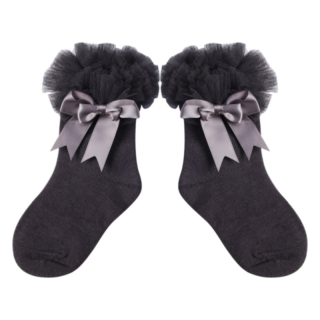 Frilly Bow Ankle Socks (7 Colors) - MomyMall Dark Gray / 0-2 Years