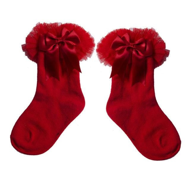 Frilly Bow Ankle Socks (7 Colors) - MomyMall Red / 0-2 Years