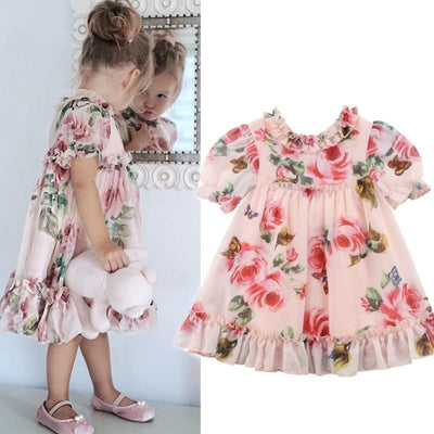 Girl Floral Tulle Puff Sleeve Wedding Party Pageant Dress - MomyMall Pink / 6-12M