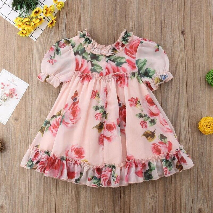 Girl Floral Tulle Puff Sleeve Wedding Party Pageant Dress - MomyMall