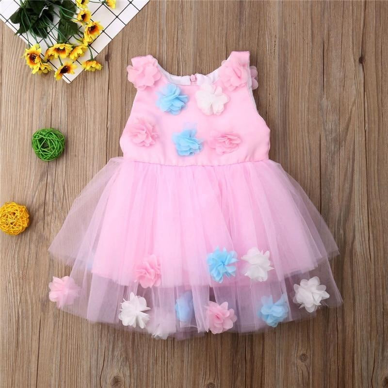 Girls 3D Flowers Princess Bow Ball Gown Summer Dresses - MomyMall