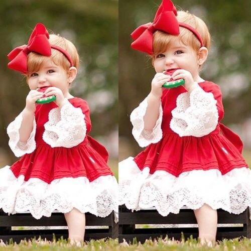 Girl Party Lace Christmas Dress With Headband - MomyMall Red / 12M