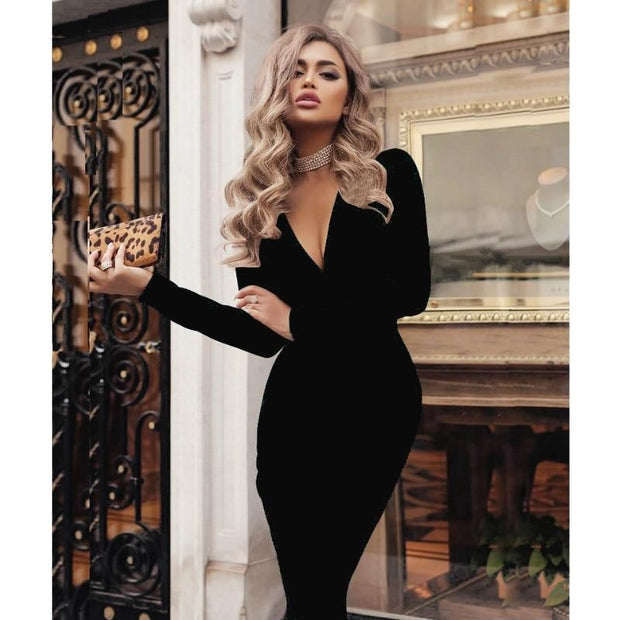 V-Neck Bodycon Dress - Long Sleeve - Plunge - MomyMall BLACK / S