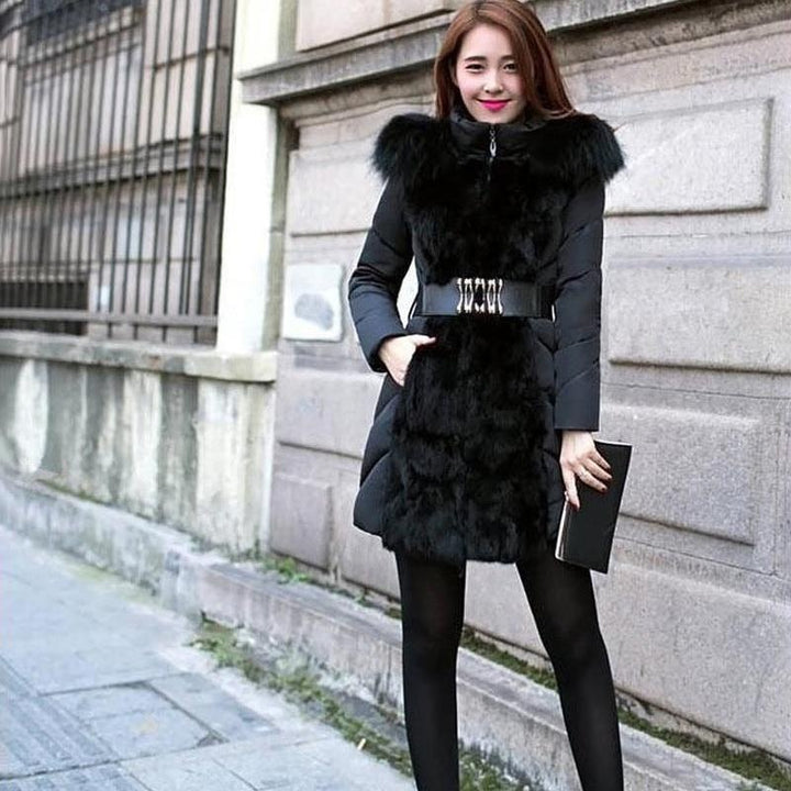 Luxury Faux Fur Hooded Coat With Gold Belt