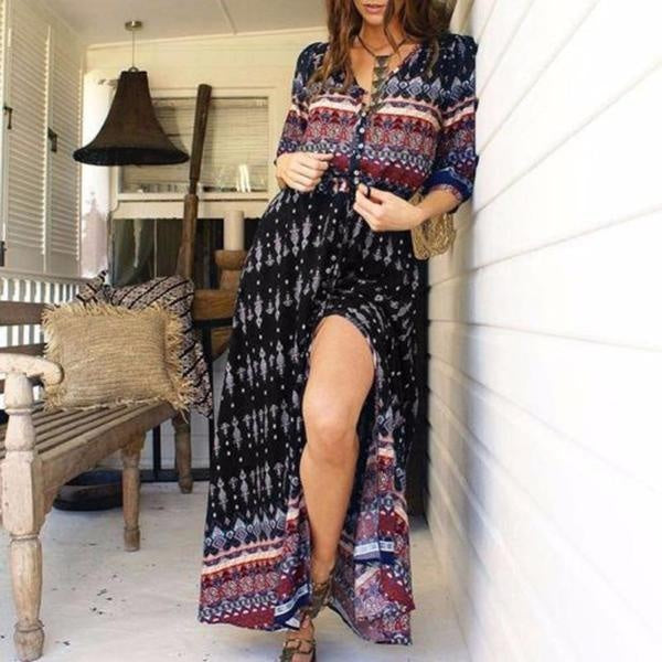 Summer Boho Maxi Front Split Dress With 3/4 Sleeves