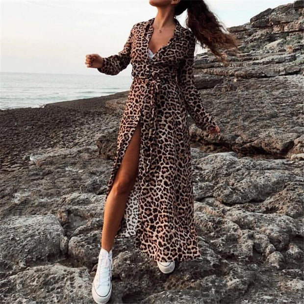 Leopard Wrap Dress - Front Split Animal Print Dress - MomyMall