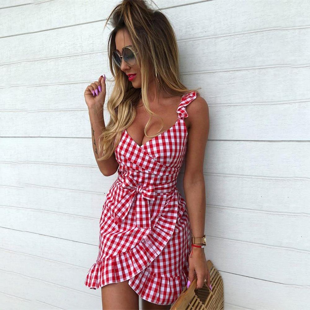 Gingham Plaid Dress - Mini Wrap Dress With Belt - MomyMall RED / S