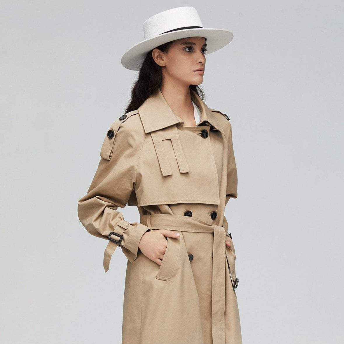 Double Breast Belted Trench Coat With Buckle Detailing