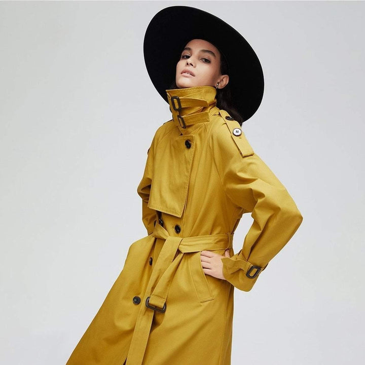 Double Breast Belted Trench Coat With Buckle Detailing