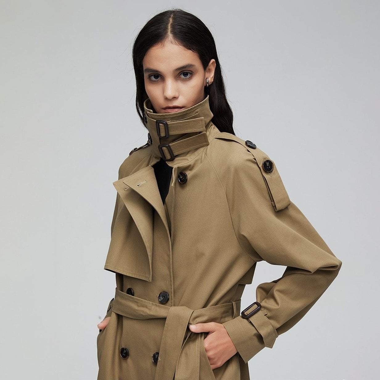 Double Breast Belted Trench Coat With Buckle Detailing