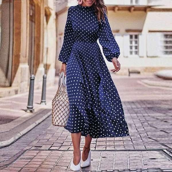 Long Sleeve Polka Dot Dress - Midi Plus Size Dress - MomyMall BLUE/WHITE / S