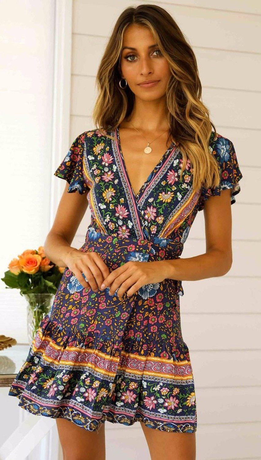 Floral Print Wrap Mini Dress - Flutter Sleeve Ditsy Dress