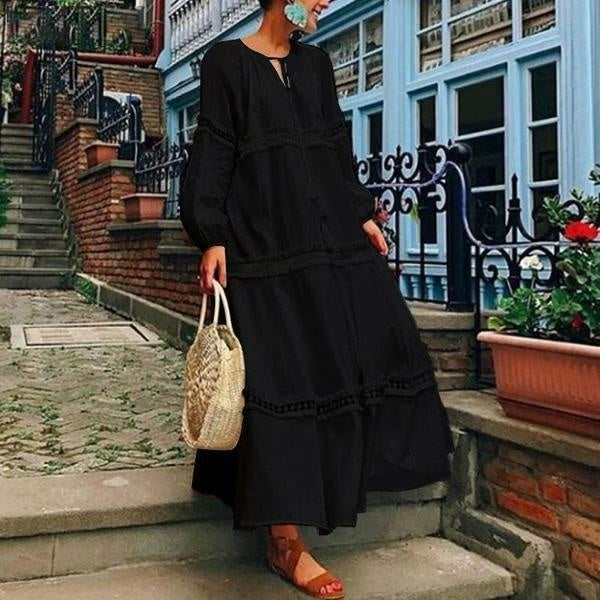 Oversized Maxi Dress - Long Sleeve Smock Tiered Dress - MomyMall BLACK / S