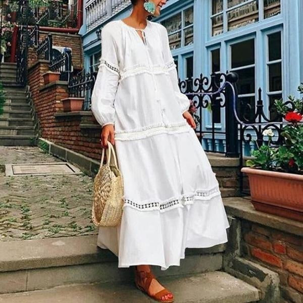 Oversized Maxi Dress - Long Sleeve Smock Tiered Dress - MomyMall WHITE / S