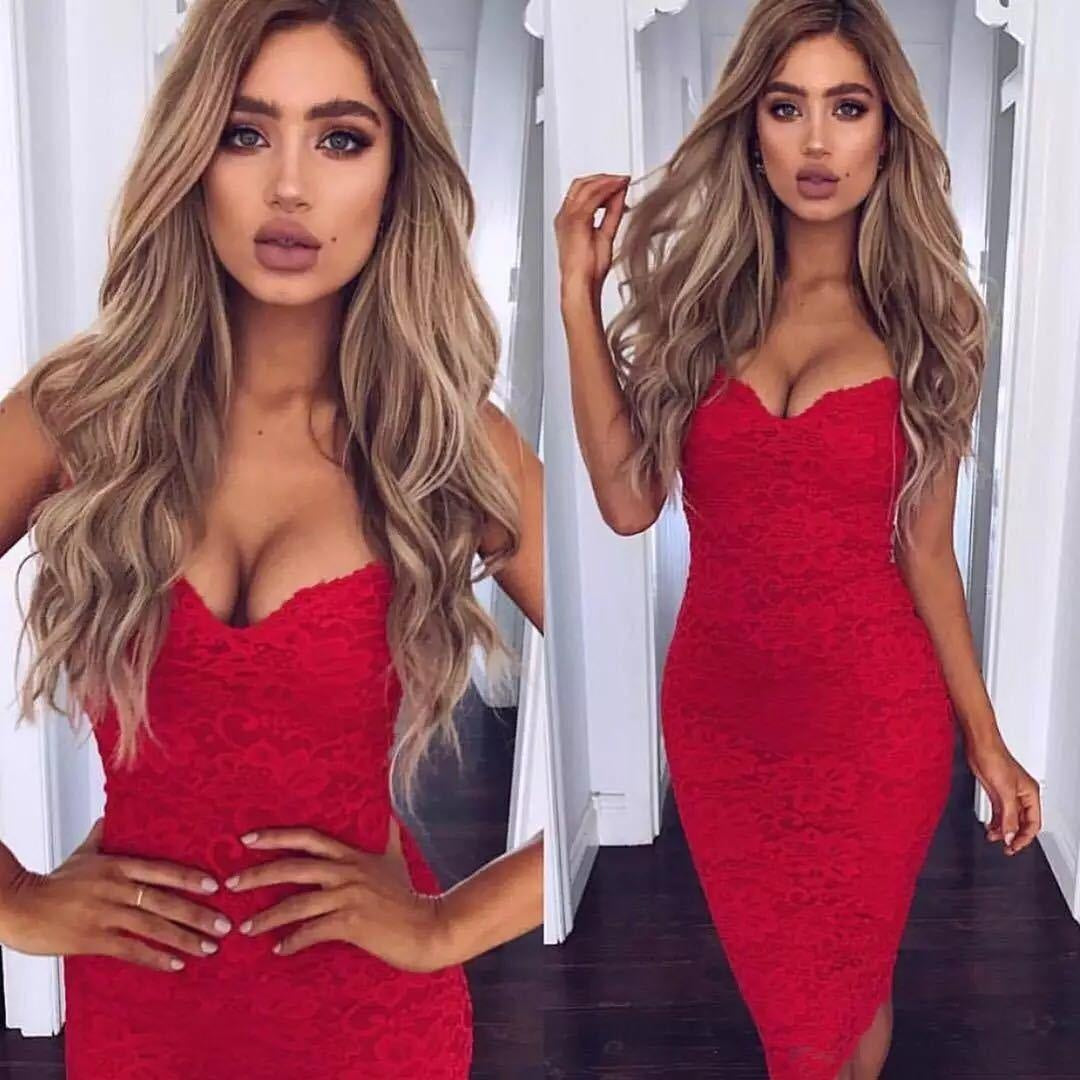 Lace Bodycon Dress - Spaghetti Strap Midi Dress - MomyMall RED / S