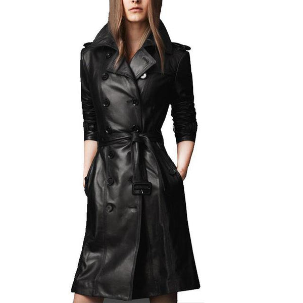 Double Breasted Faux Leather Trench Coat