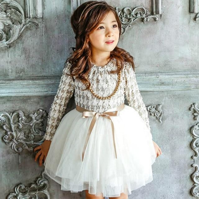 Girls Lace Princess Tutu Formal Long-sleeve Pageant Dress - MomyMall White / 2-3T