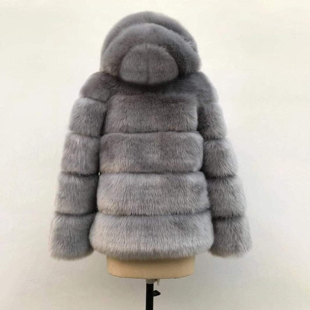 Hooded Winter Faux Fur Coat - Plus Size Faux Fur Coat