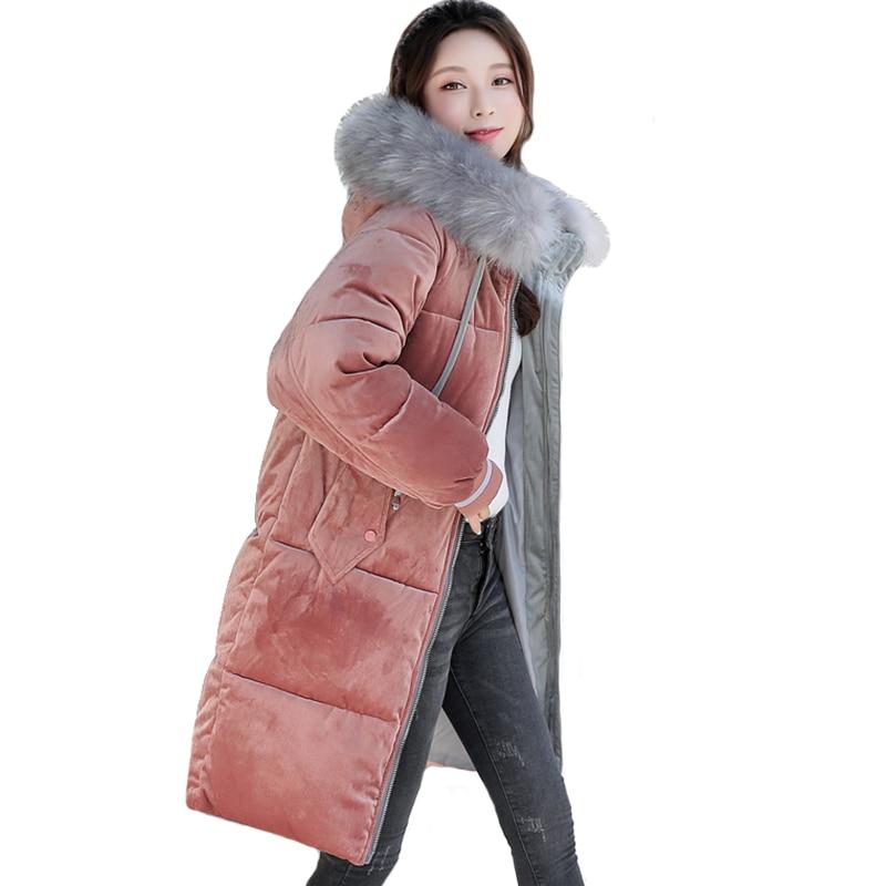 Long Velvet Padded Coat - Faux Fur Trim Hooded