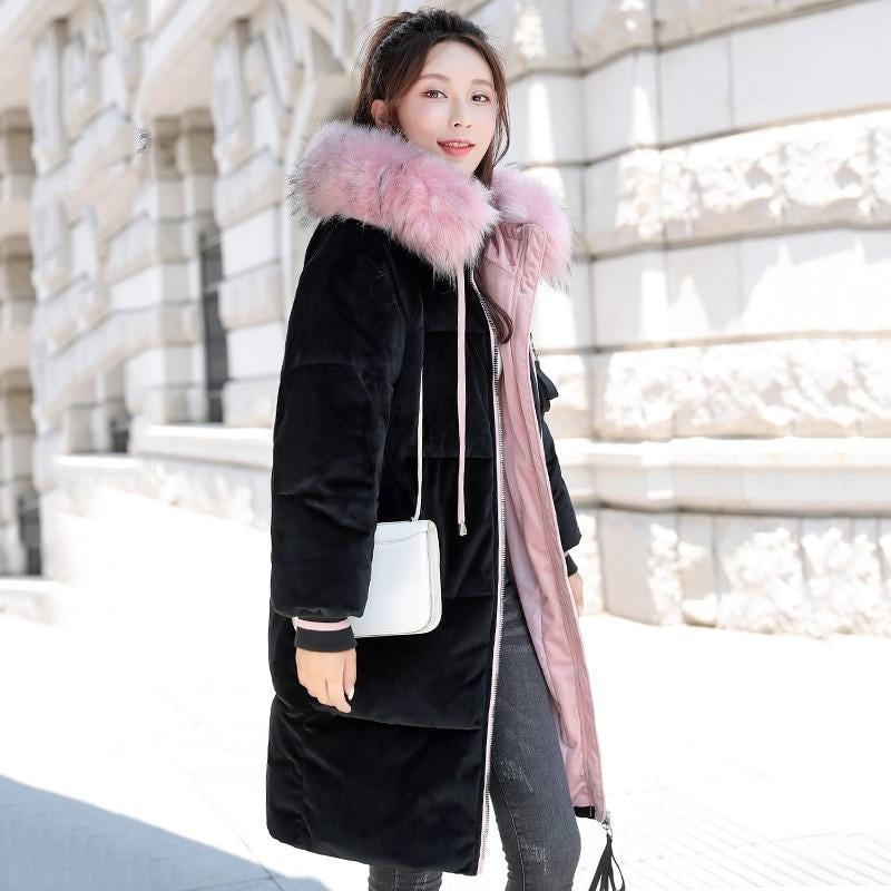 Long Velvet Padded Coat - Faux Fur Trim Hooded