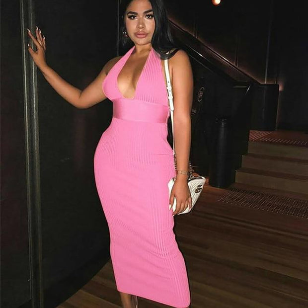 Halterneck Bandage Maxi Wiggle Dress - MomyMall PINK / S