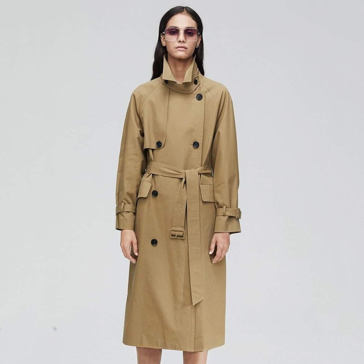 Double Breasted High Neck Trench Coat With Belt