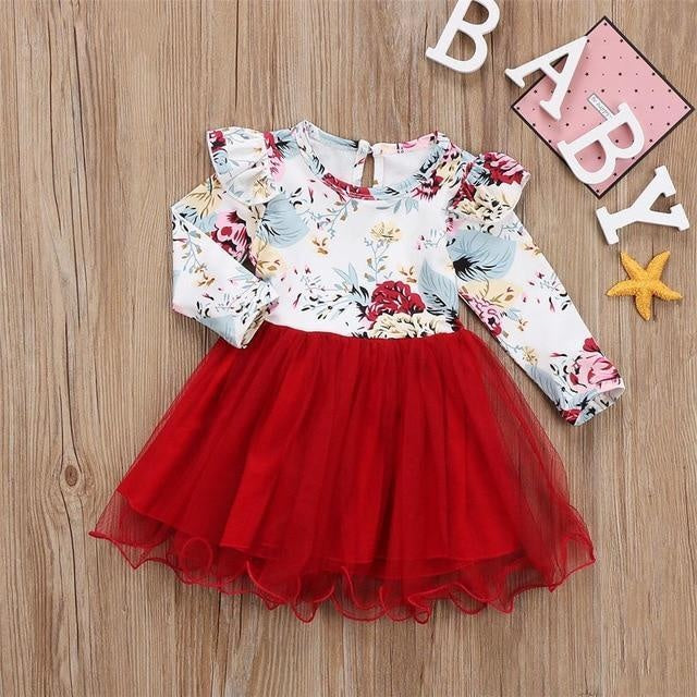 Girls Long Sleeve Flower Tulle Bow Christmas Dresses - MomyMall