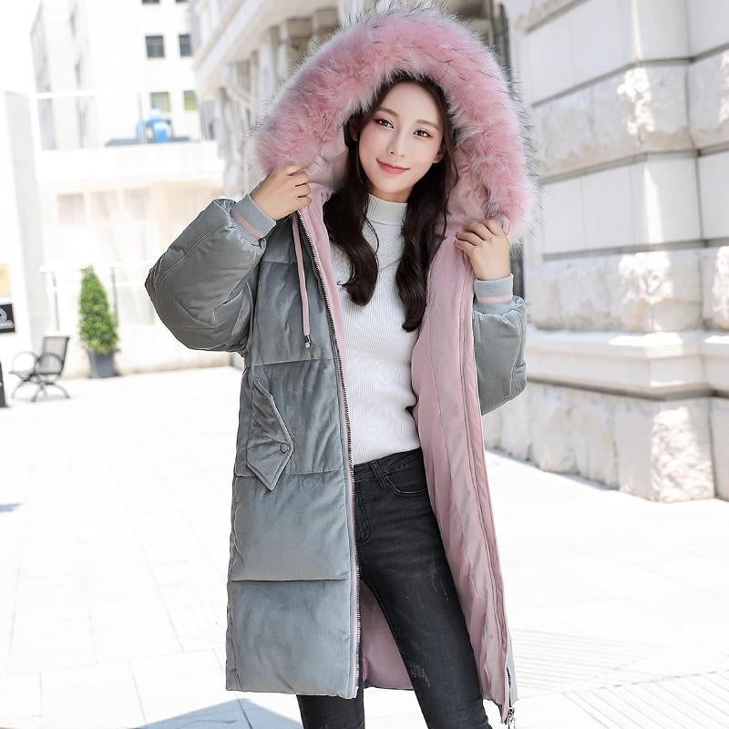 Long Velvet Padded Coat - Faux Fur Trim Hooded