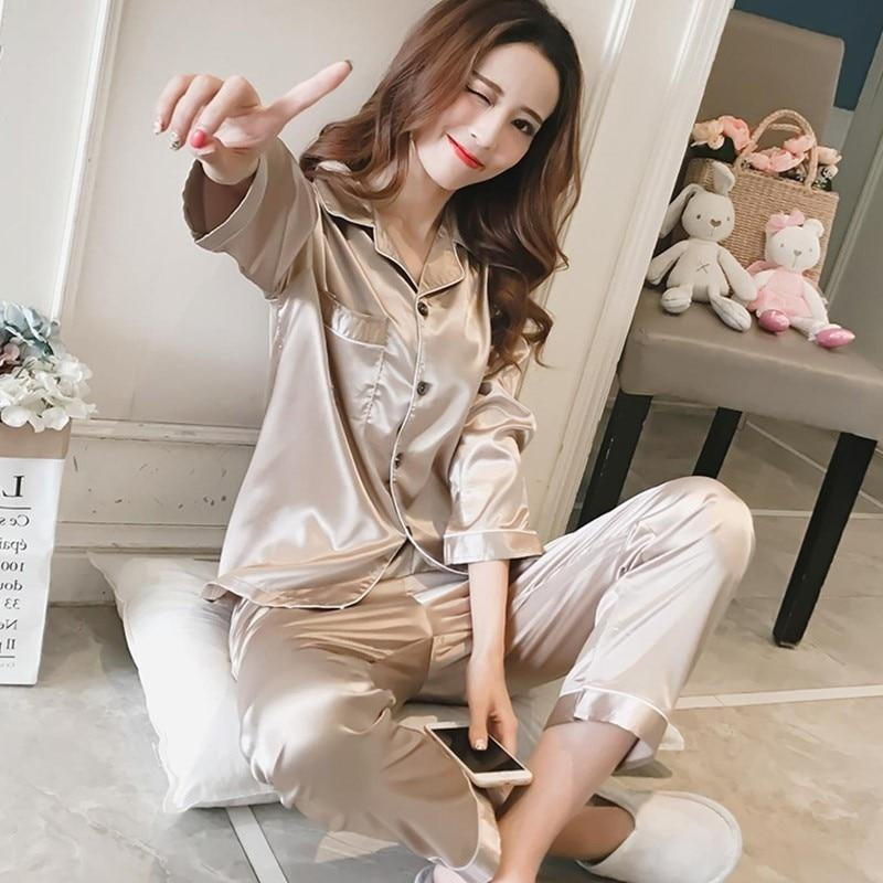 Plus Size Satin Long Sleeve Pyjama Set