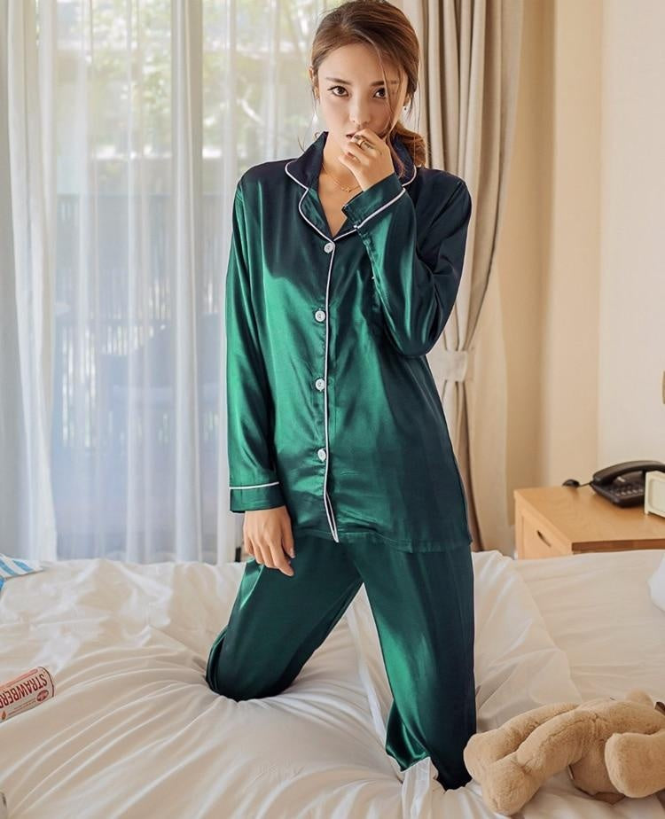 Plus Size Satin Long Sleeve Pyjama Set