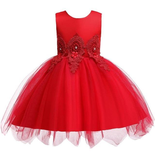 Girl Irregular Mesh Dress Big Bow Princess Dress - MomyMall red / 12M