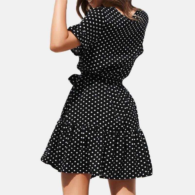 Polka Dot V-Neck Casual Dress - Mini Ruffled