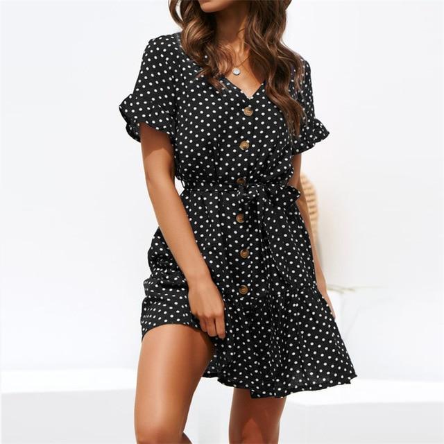 Polka Dot V-Neck Casual Dress - Mini Ruffled