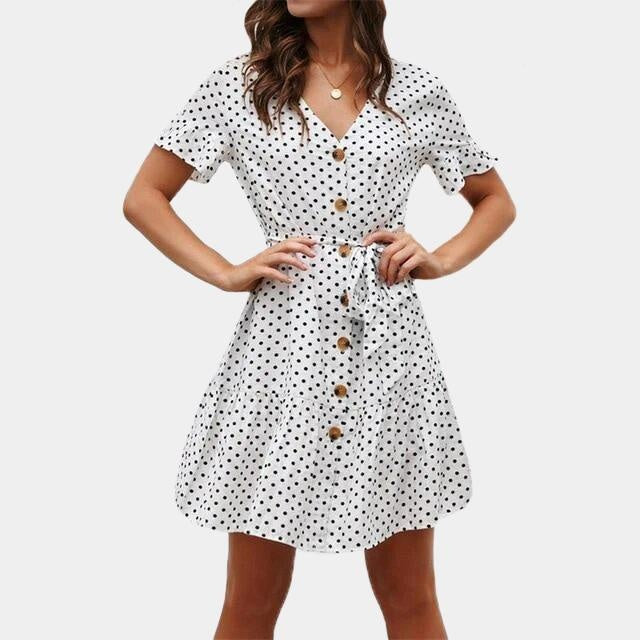 Polka Dot V-Neck Casual Dress - Mini Ruffled