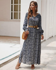 Floral Long Sleeve Maxi Dress - MomyMall DARK BLUE / S