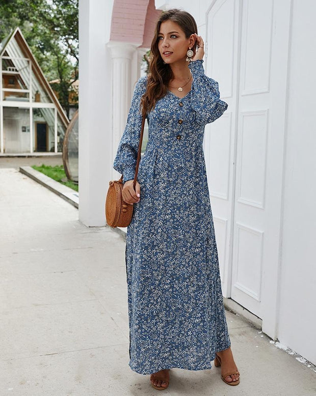 Floral Long Sleeve Maxi Dress - MomyMall BLUE / S