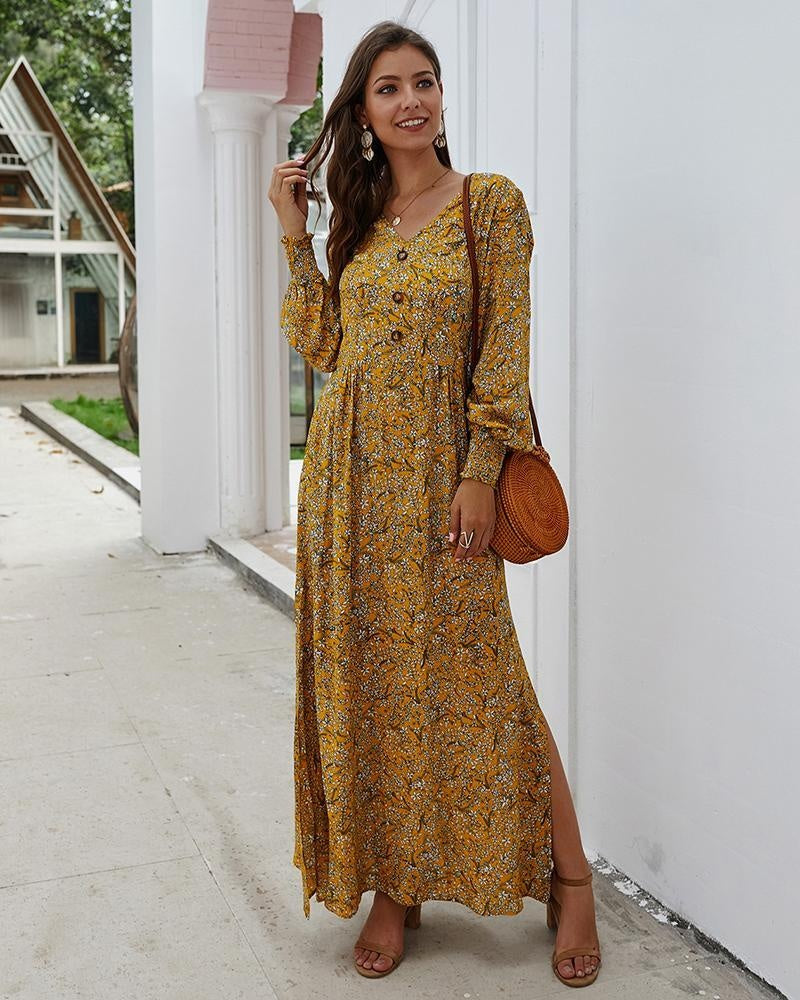 Floral Long Sleeve Maxi Dress - MomyMall YELLOW / S