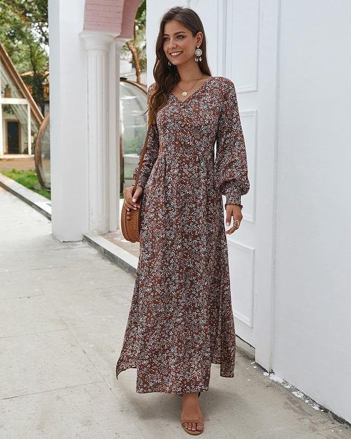 Floral Long Sleeve Maxi Dress - MomyMall RED / S